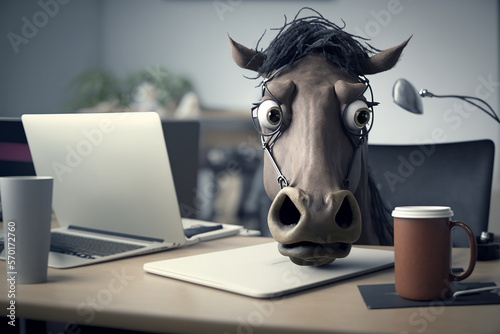 Desperate funny horse working with laptop in office. Generative AI