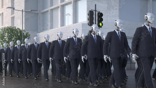 Dozens of robots in business suits are walking down the street