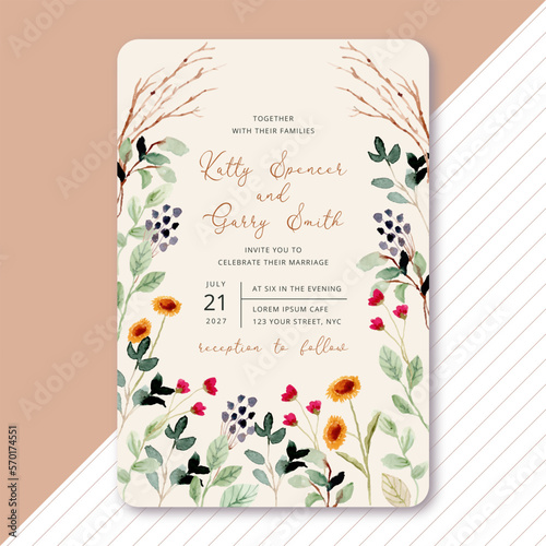 wedding invitation with wildflower watercolor frame