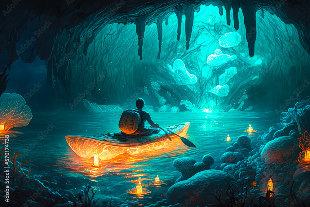 A person kayaking in a futuristic man made lagoon filled with bioluminescent sea creatures - Generative AI - obrazy, fototapety, plakaty 