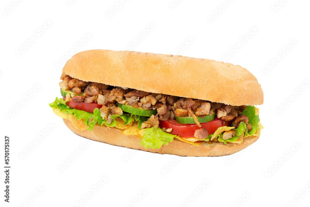 isolated Baguette sandwich with beef, vegetables and chips isolated Baguette sandwich with beef, vegetables and chips