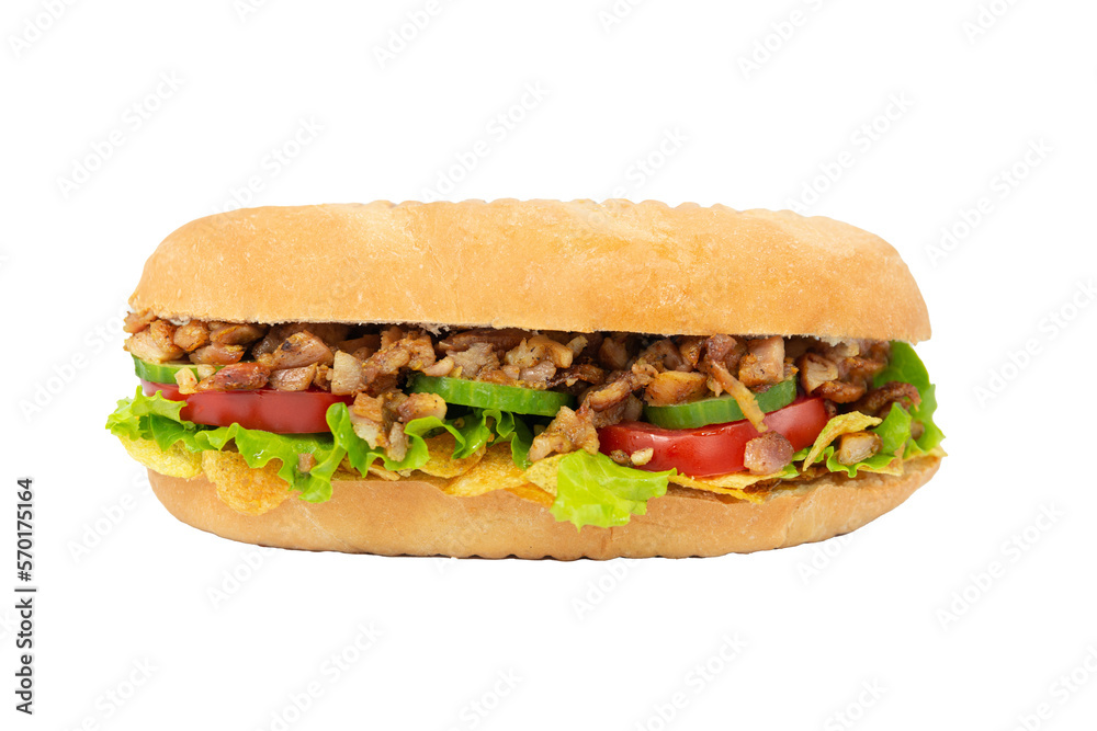 isolated Baguette sandwich with beef, vegetables and chips isolated Baguette sandwich with beef, vegetables and chips