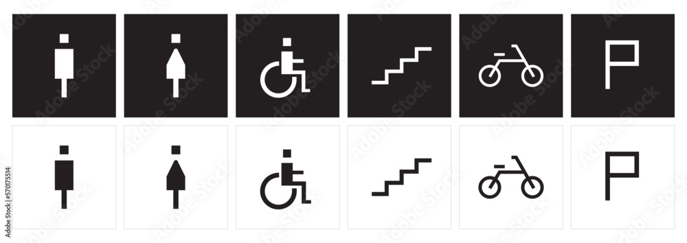 Male and female toilet symbols. disabled icon. gender icon. restroom pictogram. Stiar, bicycle, and parking signage. Public space icons and symbols. 
