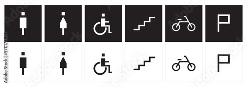 Male and female toilet symbols. disabled icon. gender icon. restroom pictogram. Stiar, bicycle, and parking signage. Public space icons and symbols. 
