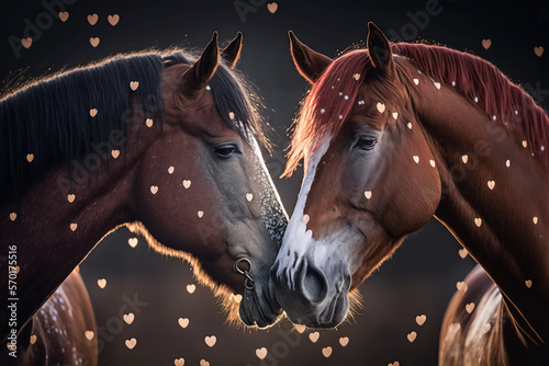 Pareja de caballos enamorados, imagen para el día de San Valentín, día del amor y la amistad, 14 de febrero, ilustración hecha con inteligencia artificial, ai generativa, ia art, generativa, ia photo