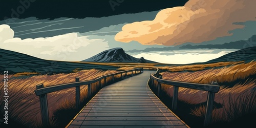 Wooden boardwalk with a dramatic sky in the background, leading to a distant horizon in Cuilcagh Mountain Park in Northern Ireland. Generative AI photo