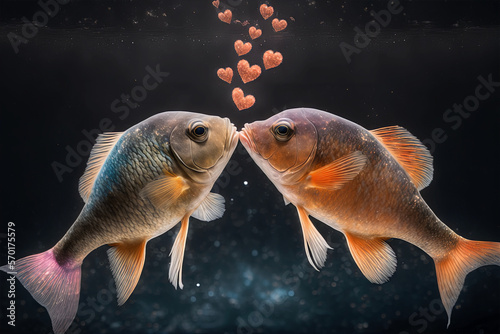 Pareja de peces enamorados, celebración del día de San Valentín, Imagen generada usando inteligencia artificial, arte generativo, ia generativa, generativa, AI photo
