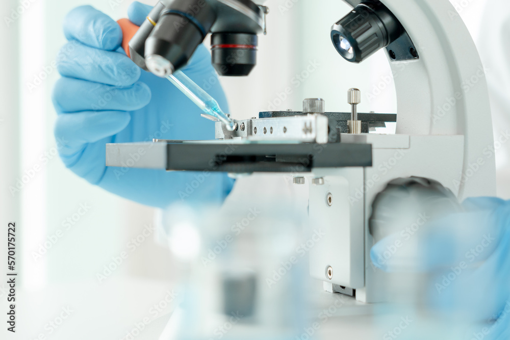 Scientist check chemical food residues in laboratory. Control experts inspect quality of fruits, vegetables. lab, hazards, ROHs, find prohibited substances, contaminate, Microscope, Microbiologist