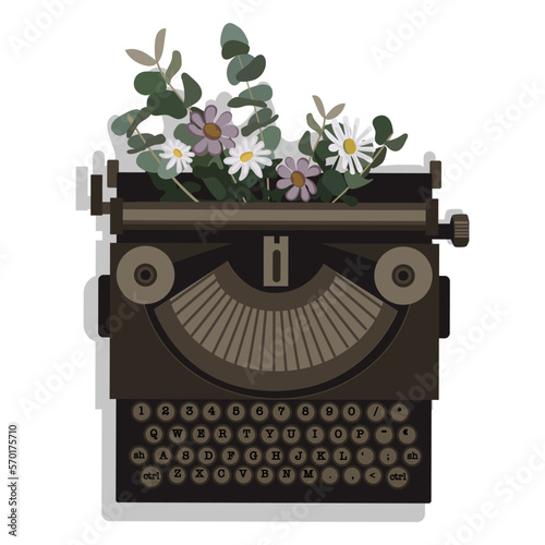Vintage typewriter with flowers. Writer's Day, poet's Day. A black old typewriter with flowers inside on a white background. Vector illustration with shadows.