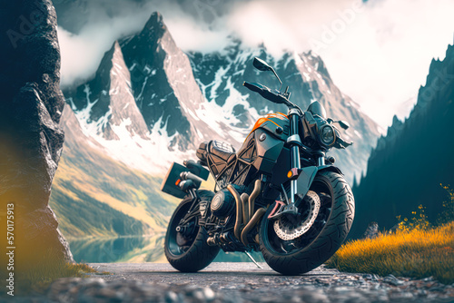 A motorcycle parked on a mountain road, with a mountain landscape in the background - Generative AI