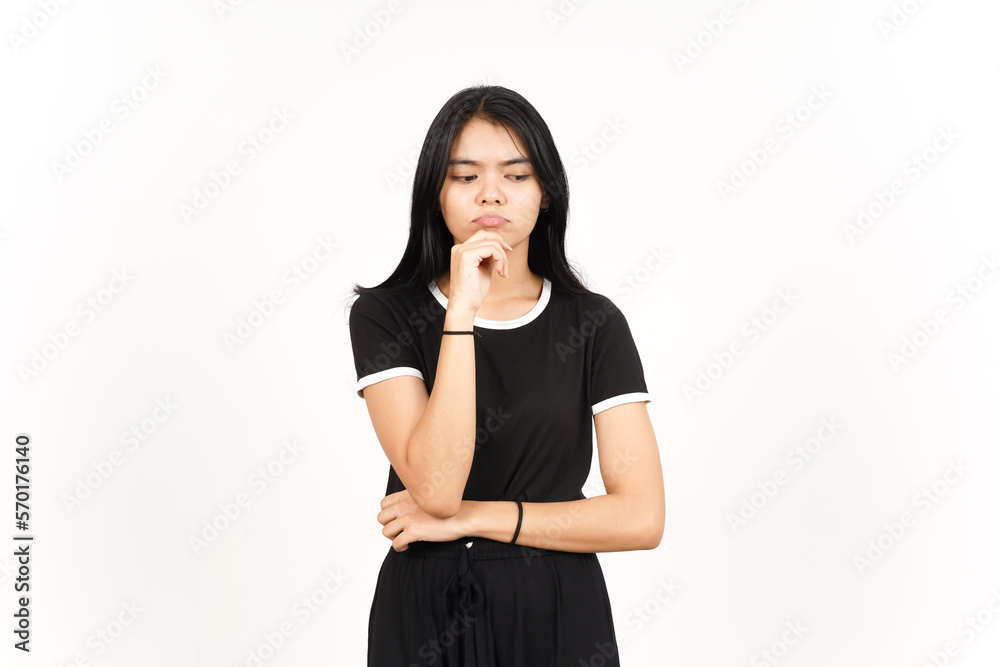 Looking down and thinking gesture f Beautiful Asian Woman Isolated On White Background Looking down and thinking gesture f Beautiful Asian Woman Isolated On White Background