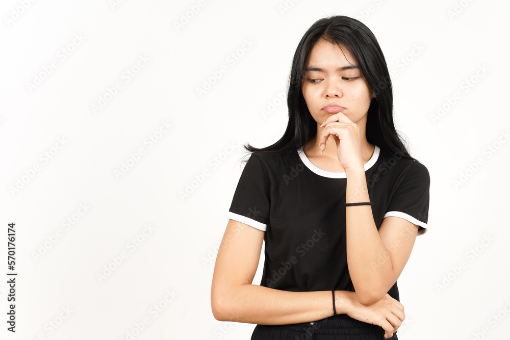 Looking down and thinking gesture f Beautiful Asian Woman Isolated On White Background Looking down and thinking gesture f Beautiful Asian Woman Isolated On White Background