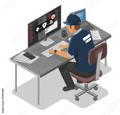 Cyber security Jobs Good Hacker concept Software Website server protection from hacker to save database illustration isometric isolated vector cartoon