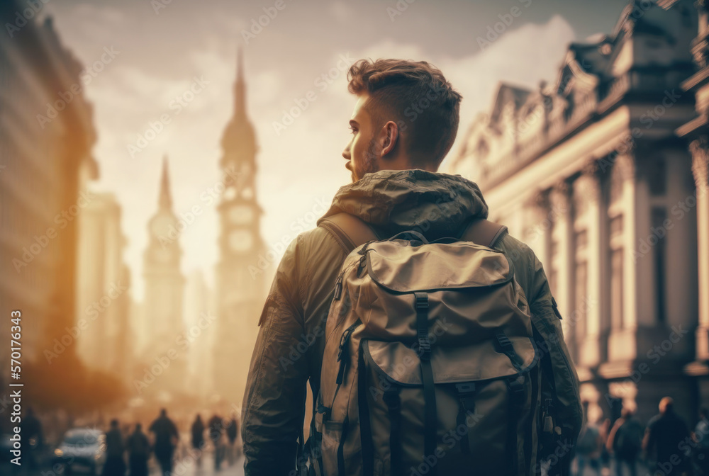Man backpacker travel sightseeing city around the world on vacation. Generative ai.