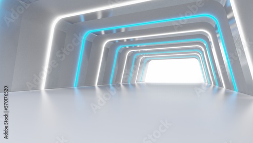 Futuristic interior background lamps glowing in gray tunnel 3d render