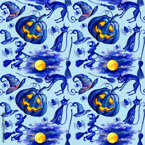 Elegant Halloween and pumpkin seamless pattern watercolor card, perfect for holiday cards, festival backdrops and more
