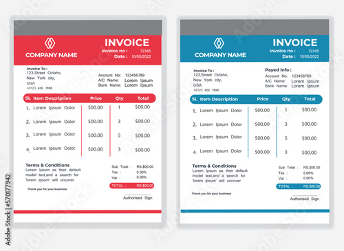 Business Minimal Corporate Invoice design template vector illustration bill form price . Creative template and stationery design payment agreement design template Cash Memo, Vector Quotation Design