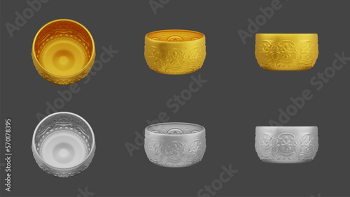 set of element of gold and silver bowl thai culture from image traced 3d. songkran festival thailand travel.