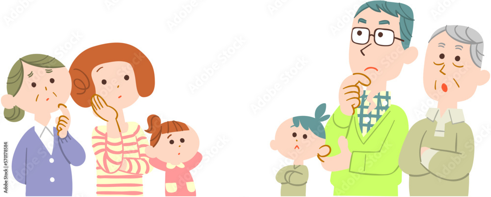 Obraz premium 向かい合って考え事をする三世代家族 輪郭線なし 