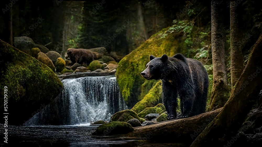 Black bear by a mountain stream. Green forest. Black bear by a mountain stream. Green forest.