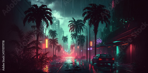 a neon lit futuristic city. a palm lined street in a wet city. cyberpunk and the idea of virtual reality. Illustration. Generative AI © 2rogan