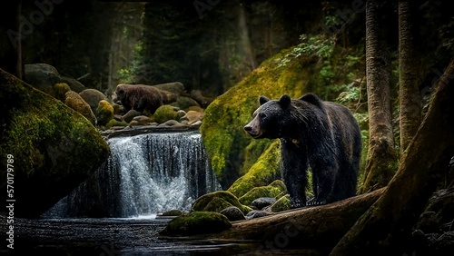 Black bear by a mountain stream. Green forest. photo
