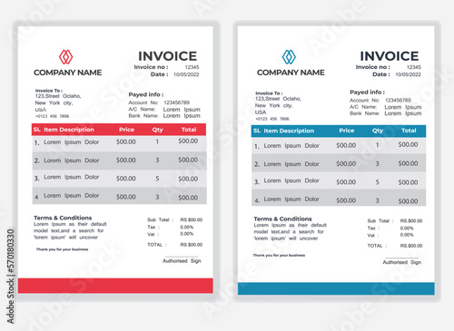 Business Minimal Corporate Invoice design template vector illustration bill form price . Creative template and stationery design payment agreement design template Cash Memo, Vector Quotation Design