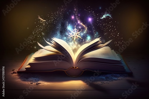 Magic book of fairy tales with open pages, magical shining starlight. AI © DZMITRY