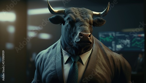 A portrait of bull wearing business suit. Stock market trader concept. Generative AI