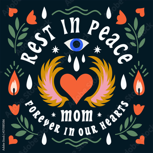 Rest in peace, memorial cards with floral borders, in loving memory and deepest sympathy condolences. Obituary and tombstone decorations with love, eyes, candle, heart, wing, leaves and rose flowers