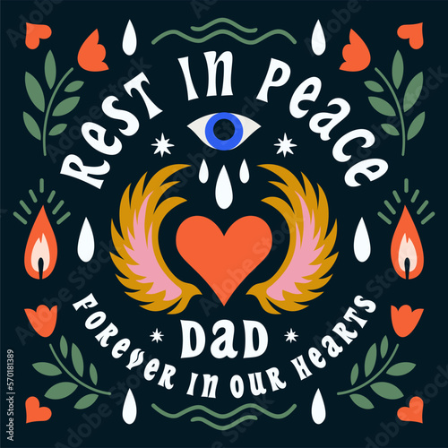 Rest in peace, memorial cards with floral borders, in loving memory and deepest sympathy condolences. Obituary and tombstone decorations with love, eyes, candle, heart, wing, leaves and rose flowers