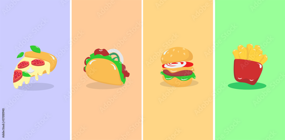 Fototapeta premium Fast food 3d realistic render vector icon set , Pizza, taco, hamburger, fries potatoes