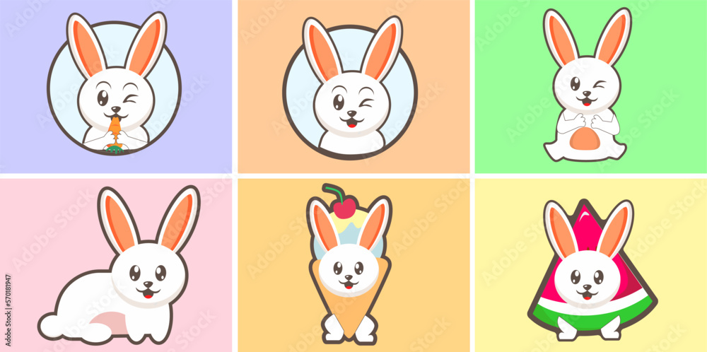 Easter cute happy bunny rabbit vector characters set. Easter bunny or rabbit, cute cartoon spring character illustration