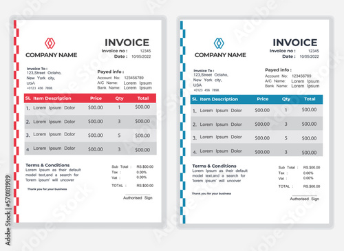 Business Minimal Corporate Invoice design template vector illustration bill form price . Creative template and stationery design payment agreement design template Cash Memo, Vector Quotation Design