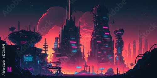 Future neon city. In a futuristic metropolis, an industrial area. Cyberpunk inspired wallcoverings. Grungy cityscape with enormous futuristic structures and dazzling neon lights. illustration