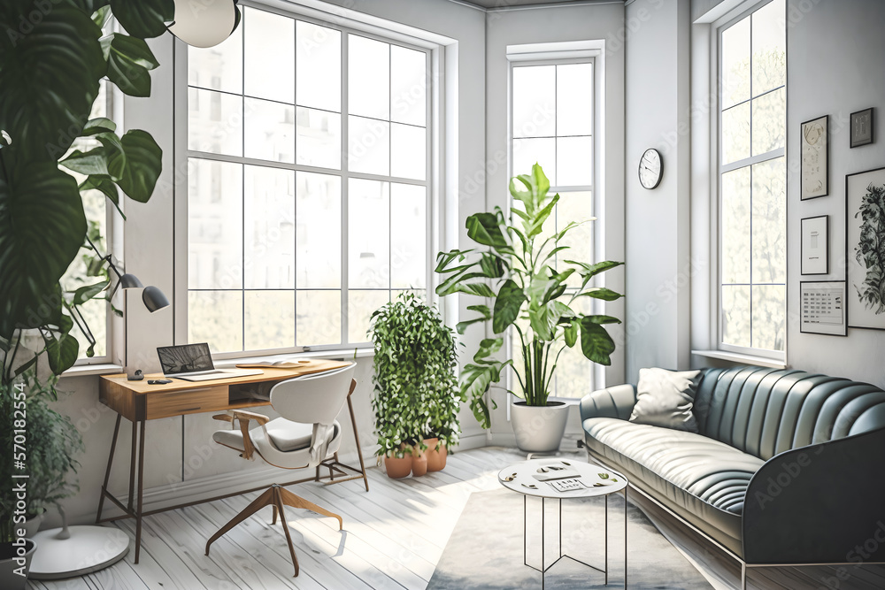 Fototapeta premium Bring Life to Your Home with this Modern and Minimalistic Living Room featuring Green Plants - Concept Design for Your Next Interior Decorating Project, Generative Ai
