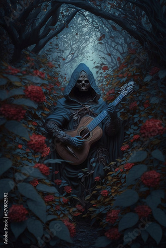 The Death Melancholic Guitarist's Final Serenade: A Dark and Mysterious Journey into the Forest of Destiny illustration ai generative