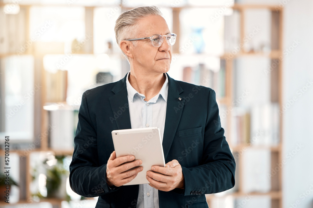 Thinking, tablet and senior man in office for business management, email or financial planning an investment. Investor, broker or executive person for company mindset, mission or career strategy