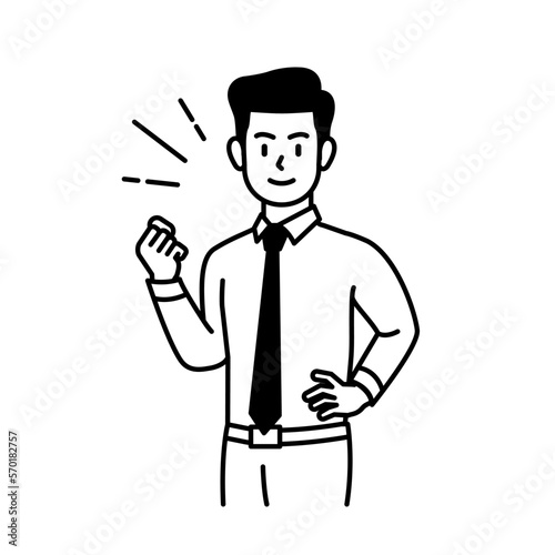 A business man posing with confidence and energy with his fists clenched.