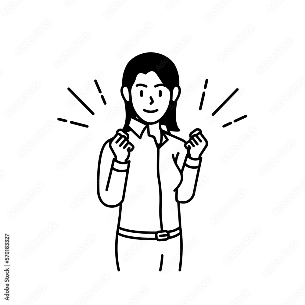 Cartoon illustration of a businesswoman clenching her fists in a cheerful and positive attitude Cartoon illustration of a businesswoman clenching her fists in a cheerful and positive attitude
