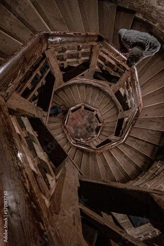 Wooden antique vint twisted staircase to the tower of the royal palace of Nuremberg, Germany photo