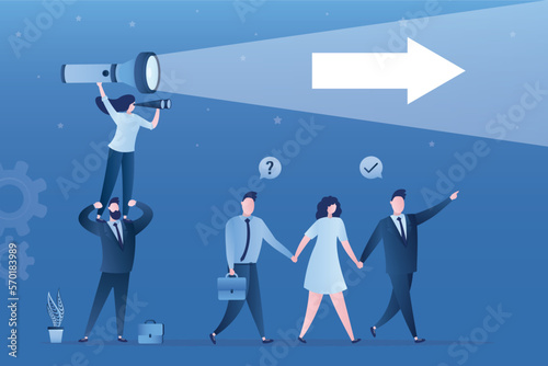Business coach helps entrepreneurs choose right direction for business. People use flashlight, binoculars for finding route, search for way of business development. Global vision.