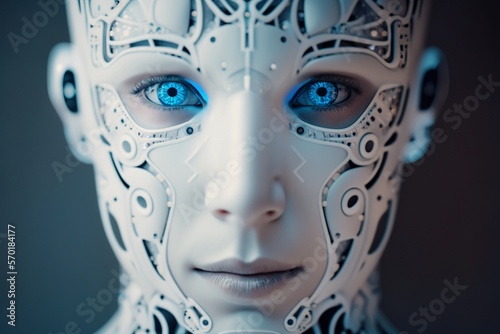 Futuristic AI Android in cinematic lighting, photo real, realism, porcelain skin created with generative ai technology
