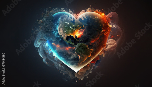 Heart shaped earth. Love and save our planet. Earth Day or Environment day concept in realistic 3D style. Generative AI. © ShniDesign