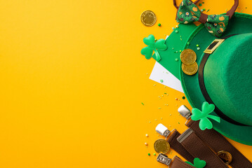 Top view photo of St Patrick's Day celebration accessories leprechaun hat suspenders bow-tie gold coins envelope with letter shamrocks and sprinkles on isolated yellow background with empty space