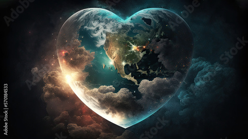 Heart shaped earth. Love and save our planet. Earth Day or Environment day concept in realistic 3D style. Generative AI.