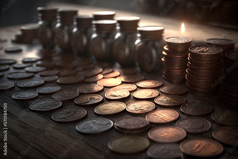 Heap of coins on table, gold and silver coins lying on table close up, generative ai, financial saving concept background Heap of coins on table, gold and silver coins lying on table close up, generative ai, financial saving concept background