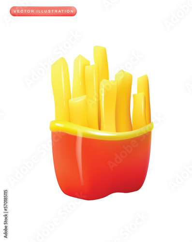 Fast food banner with 3d realistic render fries potato on white background. Vector illustration