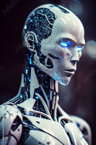 Futuristic AI Android in cinematic lighting, photo real, realism, porcelain skin created with generative ai technology