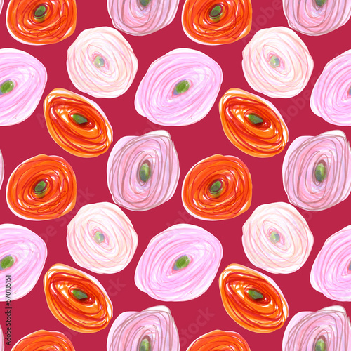 Seamless pattern of hand drawn Ranunculus flowers. Drawn by markers illustration. Botanical hand painted floral elements on Viva Magenta background.